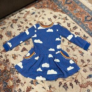 Mini Boden Blue Heart Print Dress with Rainbow Neck Trim